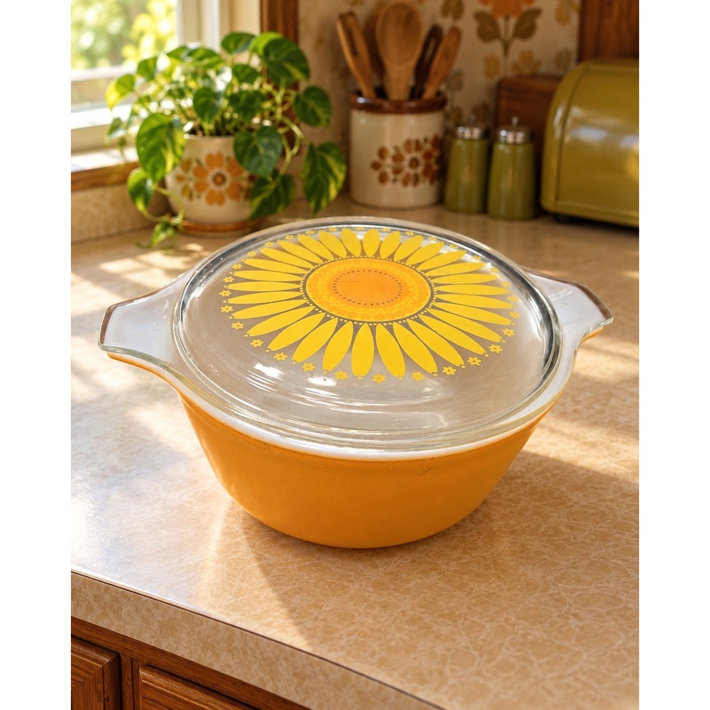 Vintage 70s Pyrex Daisy Sunflower Orange 1.5 Qt Casserole Dish 474-B with Lid